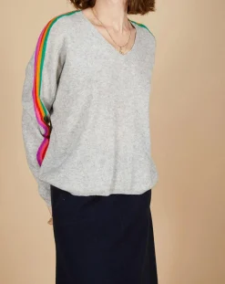 Pull poncho 100% Cachemire Wimbow col V à bandes manches gris chiné clair-Cashmere Tribu Online