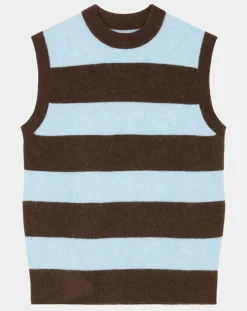 Pull sans manches en Laine & Alpaga mélangés rayé Colorblock bleu/marron-Marc O'Polo Outlet