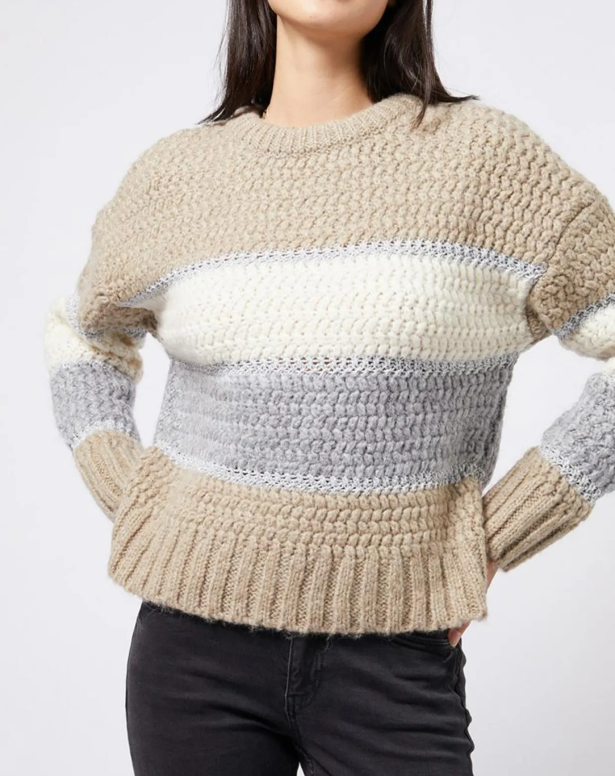 Femme Esprit Pulls^Pull Tricot en grosse maille fantaisie tricolore beige/gris/blanc