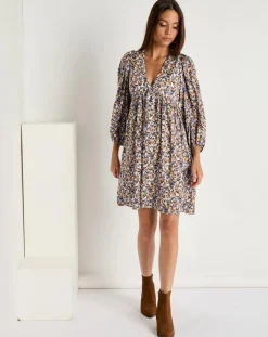 Robe Esmée satinée imprimée beige/bleu-See u Soon Sale