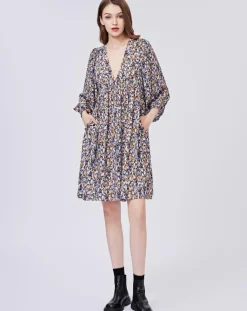 Robe Esmée satinée imprimée beige/bleu-See u Soon Sale
