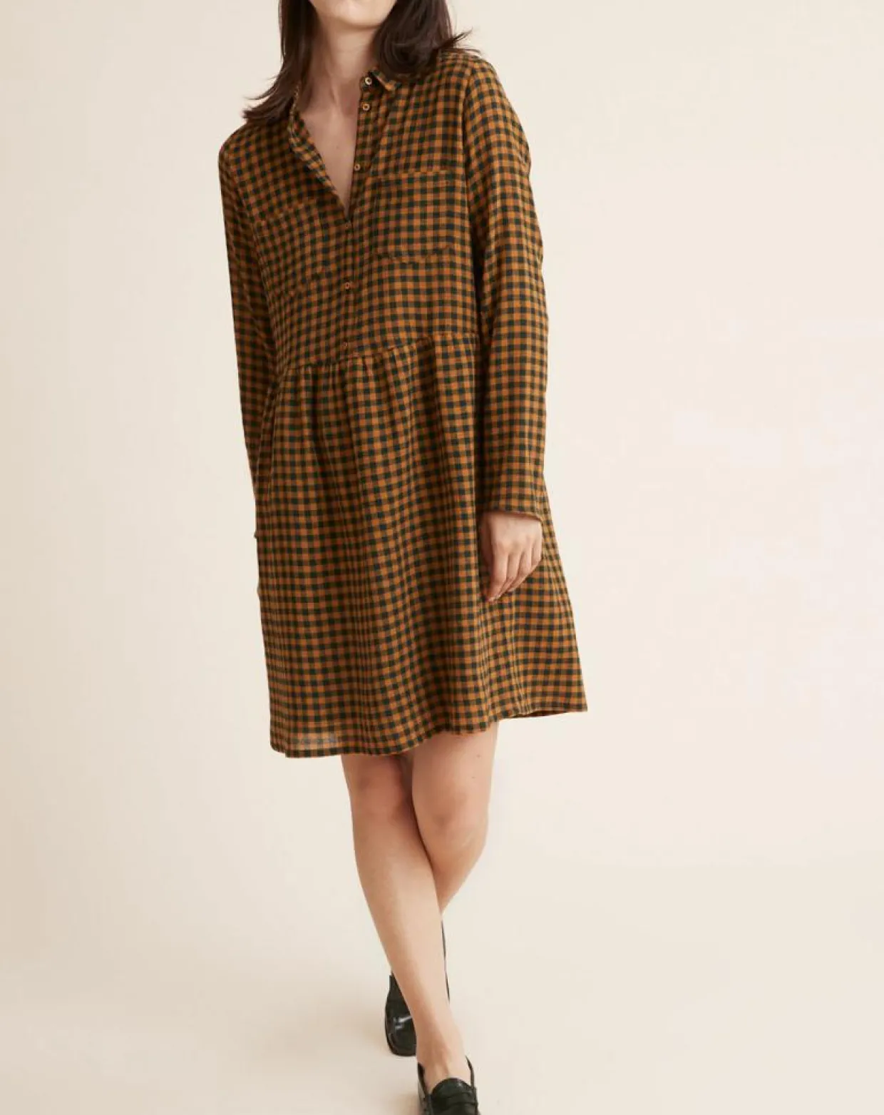 Femme Cyrillus Robes^Robe Etamine Laine mélangée à carreaux vert moyen/camel