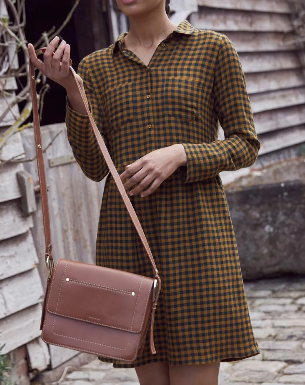 Femme Cyrillus Robes^Robe Etamine Laine mélangée à carreaux vert moyen/camel