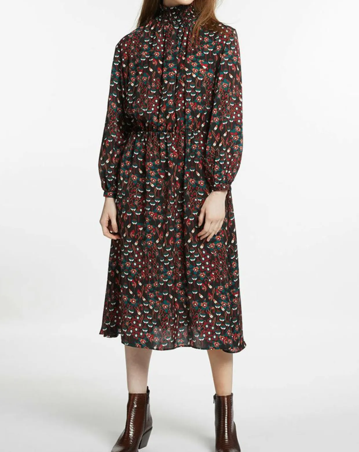 Robe mi-longue fluide Gautier imprimée noire-Galeries Lafayette Discount