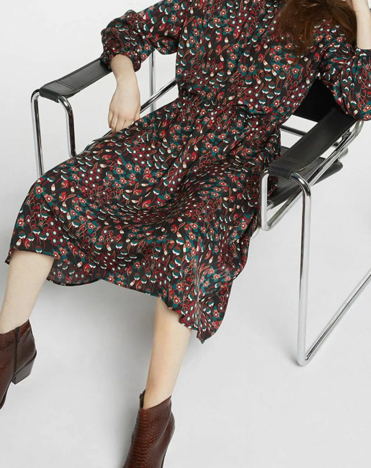 Robe mi-longue fluide Gautier imprimée noire-Galeries Lafayette Discount