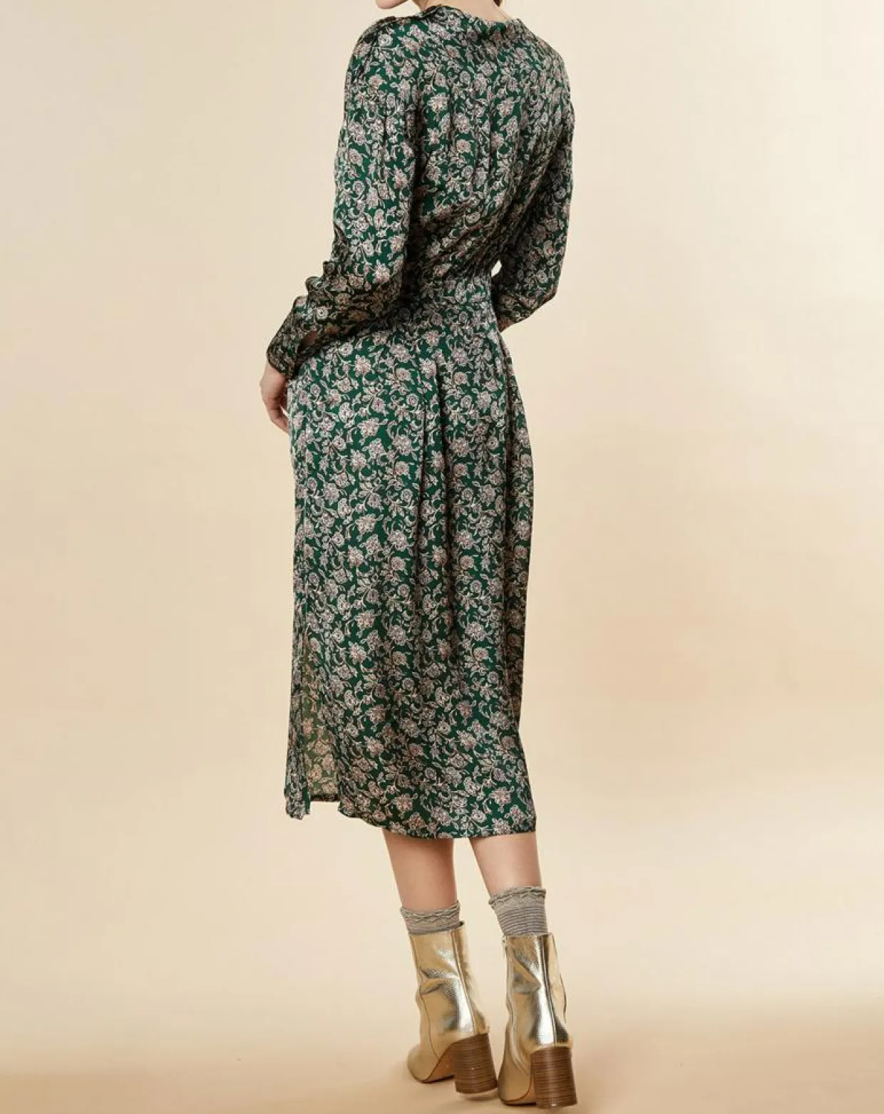 Robe Natasha mi-longue et fluide imprimée verte-Chloé Stora Outlet