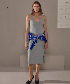 Robe Paulette col V côtelée gris moyen-Rodier Best