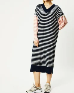Robe pull marinière 100% Cachemire Fabia col V rayures marine/écru/rose-Galeries Lafayette