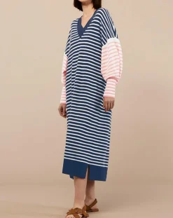 Robe pull marinière 100% Cachemire Fabia col V rayures marine/écru/rose-Galeries Lafayette