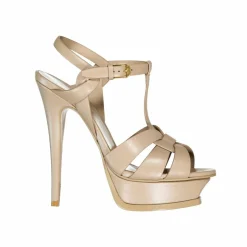 Femme Saint Laurent Sandales Plates^Sandales en cuir Tribute beiges