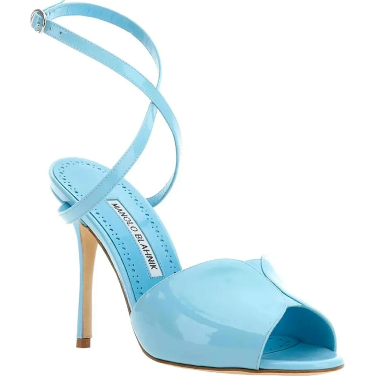 Femme Manolo Blahnik Sandales À Talons^Sandales en Cuir verni Hourani bleu clair - Talon 10.5 cm