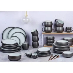 Service Complet en Grès Gourmet blanc granité/noir onyx - 36 pièces-Bjorn Outlet