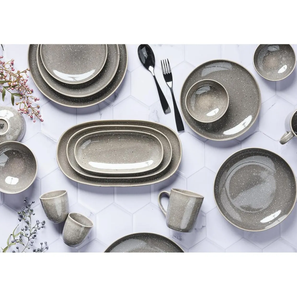 Bjorn Assiettes^Service Complet en Grès Stellar gris/anthracite - 48 pièces