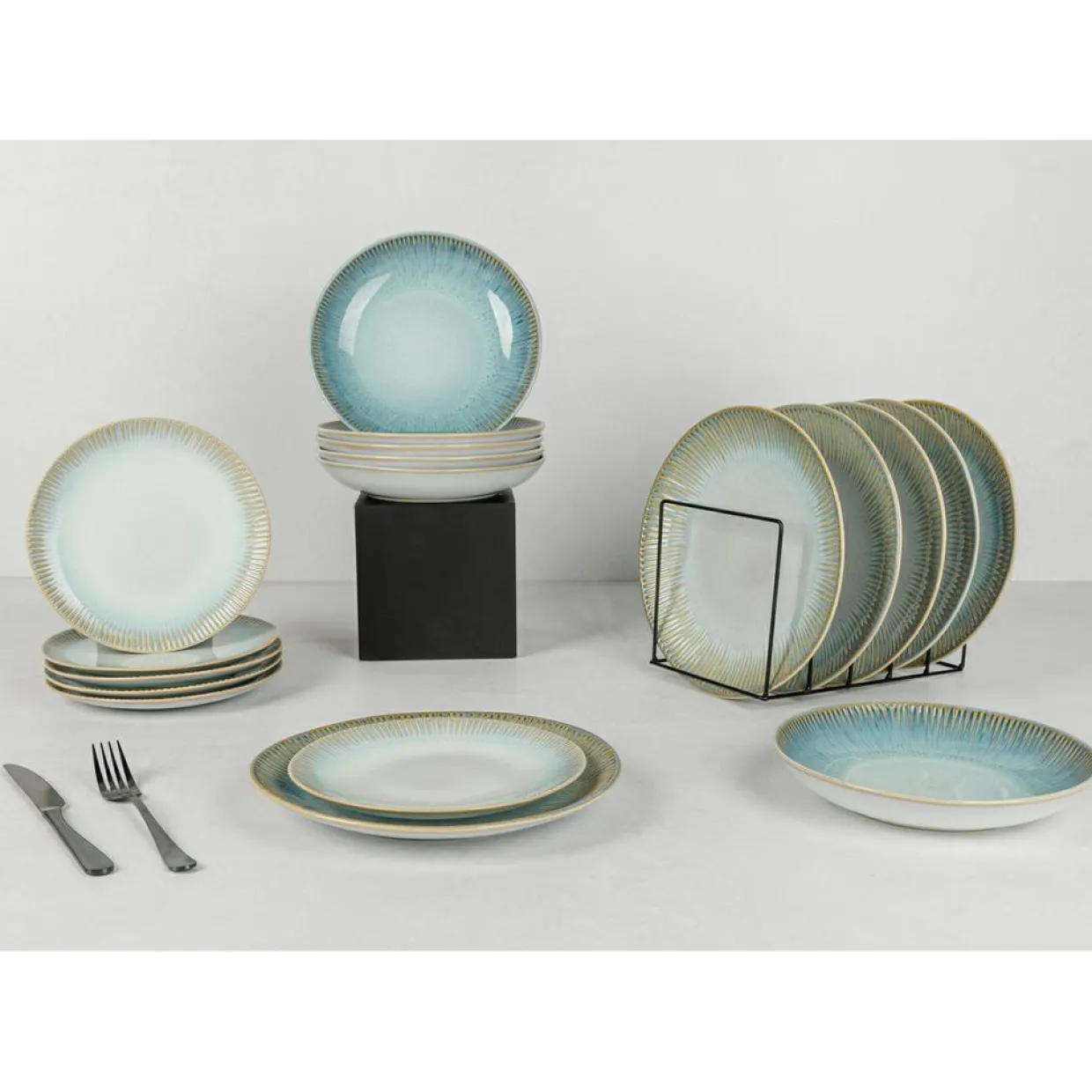 Cosy & Trendy Assiettes^Service de table en Grès Listra bleu/beige - 18 pièces