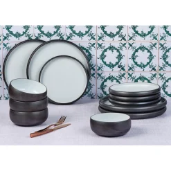 Service Les Essentiels en Grès Gourmet blanc granité/noir onyx - 12 pièces-Bjorn Discount