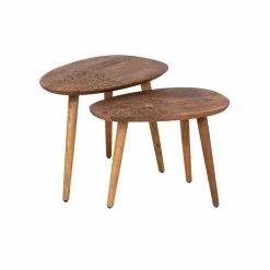 Bois & Chiffons Tables^Set 2 tables d'appoint plateau sculpté bois massif Acacia Adir Marron - 58x40x46 cm