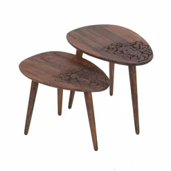 Bois & Chiffons Tables^Set 2 tables d'appoint plateau sculpté bois massif Acacia Adir Marron - 58x40x46 cm