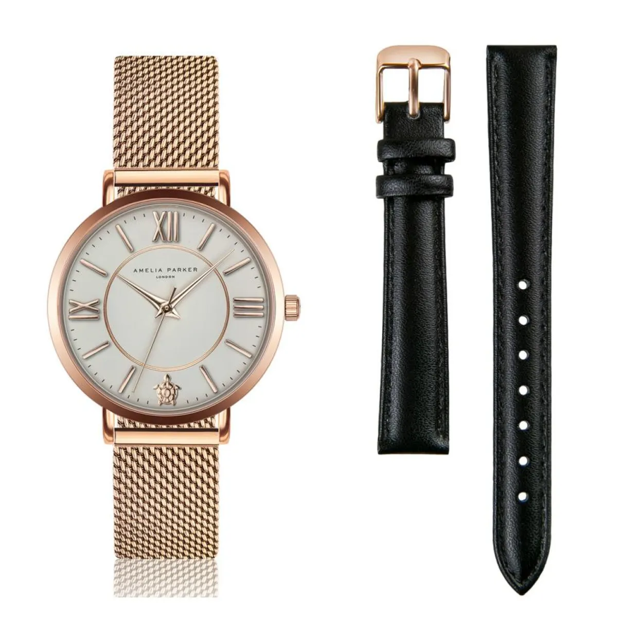 Set Montre Femme 2 Bracelets Petite Classique en Acier & Cuir rose doré/noir-Amelia Parker Hot