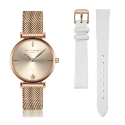 Femme Amelia Parker Montres^Set Montre Femme 2 Bracelets Gold Shore en Acier & Cuir rose doré/blanc