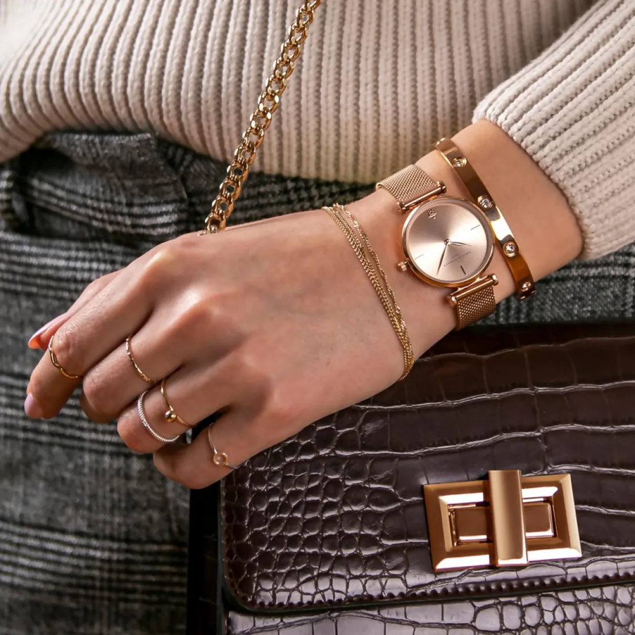Femme Amelia Parker Montres^Set Montre Femme 2 Bracelets Gold Shore en Acier & Cuir rose doré/blanc