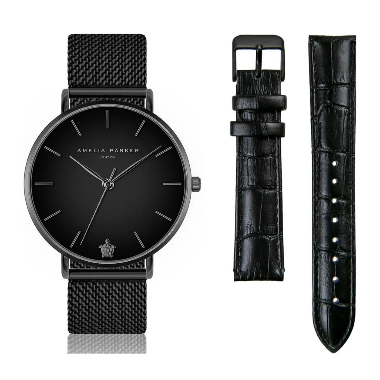 Set Montre Femme 2 Bracelets Jet Black en Acier & Cuir noir-Amelia Parker New