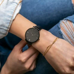 Set Montre Femme 2 Bracelets Jet Black en Acier & Cuir noir-Amelia Parker New