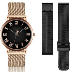 Femme Amelia Parker Montres^Set Montre Femme 2 Bracelets Grand en Acier rose doré/noir