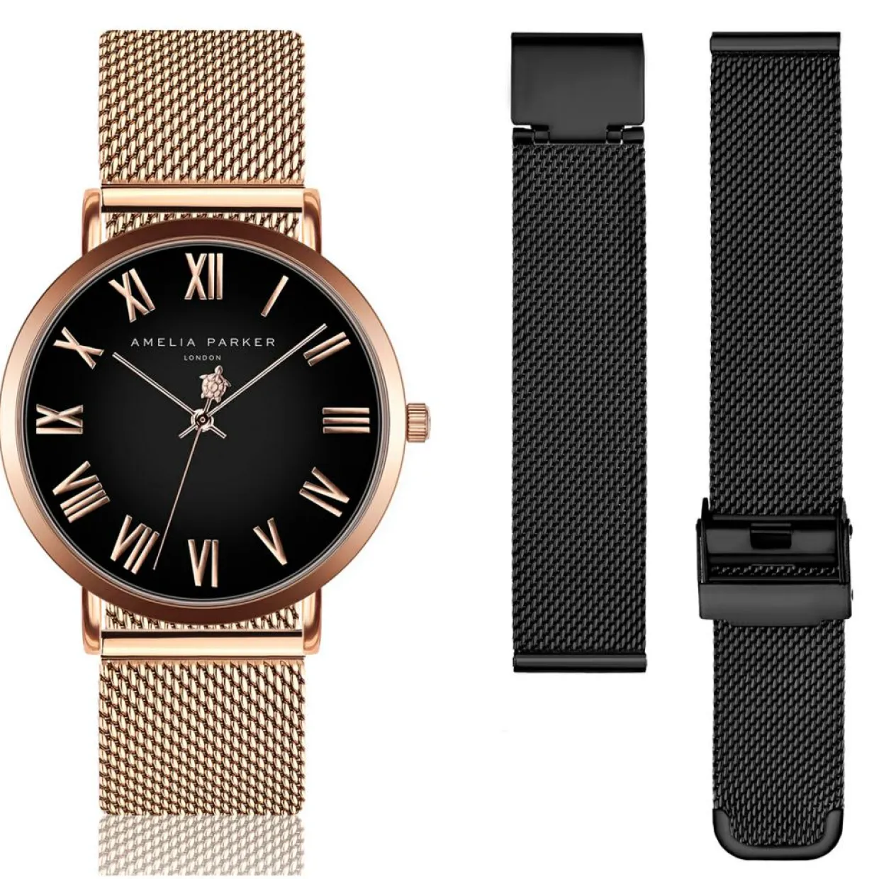Femme Amelia Parker Montres^Set Montre Femme 2 Bracelets Grand en Acier rose doré/noir