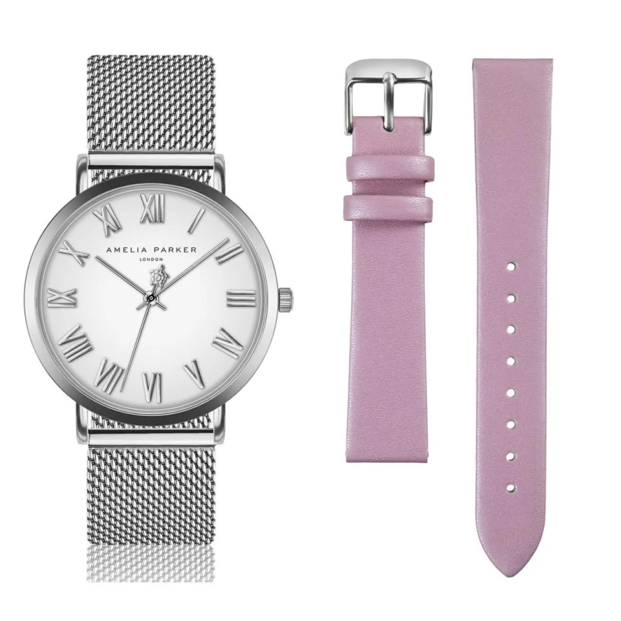 Femme Amelia Parker Montres^Set Montre Femme 2 Bracelets Grand Blanc en Acier & Cuir argenté/rose