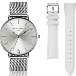 Femme Amelia Parker Montres^Set Montre Femme 2 Bracelets Capsule en Acier & Cuir argenté/blanc