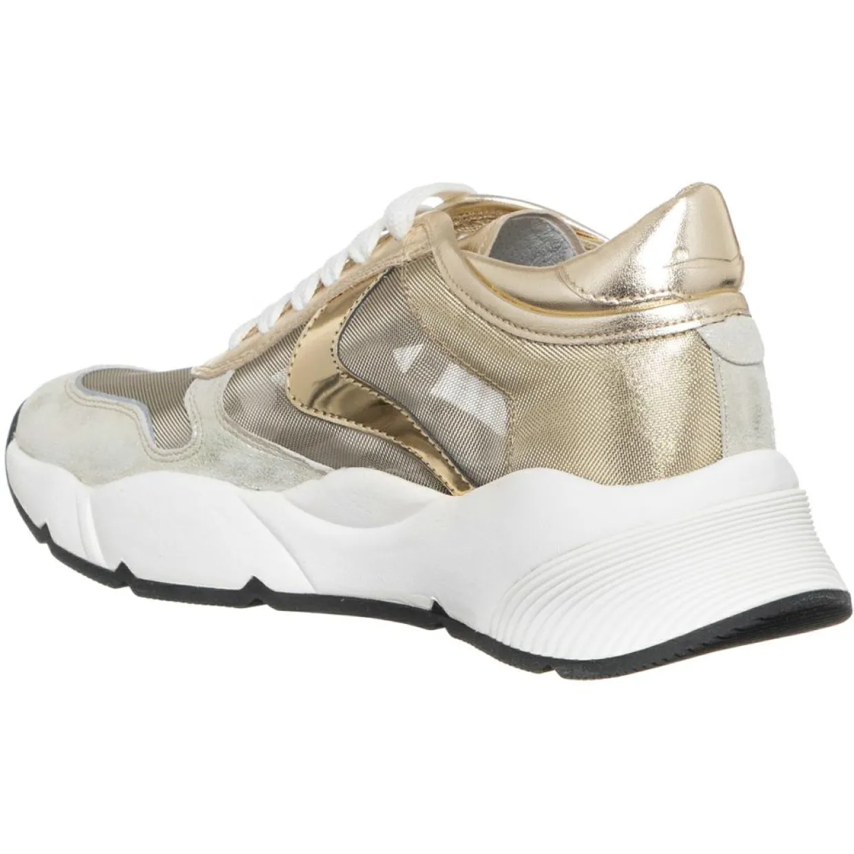 Femme Voile Blanche Baskets^Sneakers en Cuir & Velours de Cuir Sheel argenté/doré - Talon 4 cm