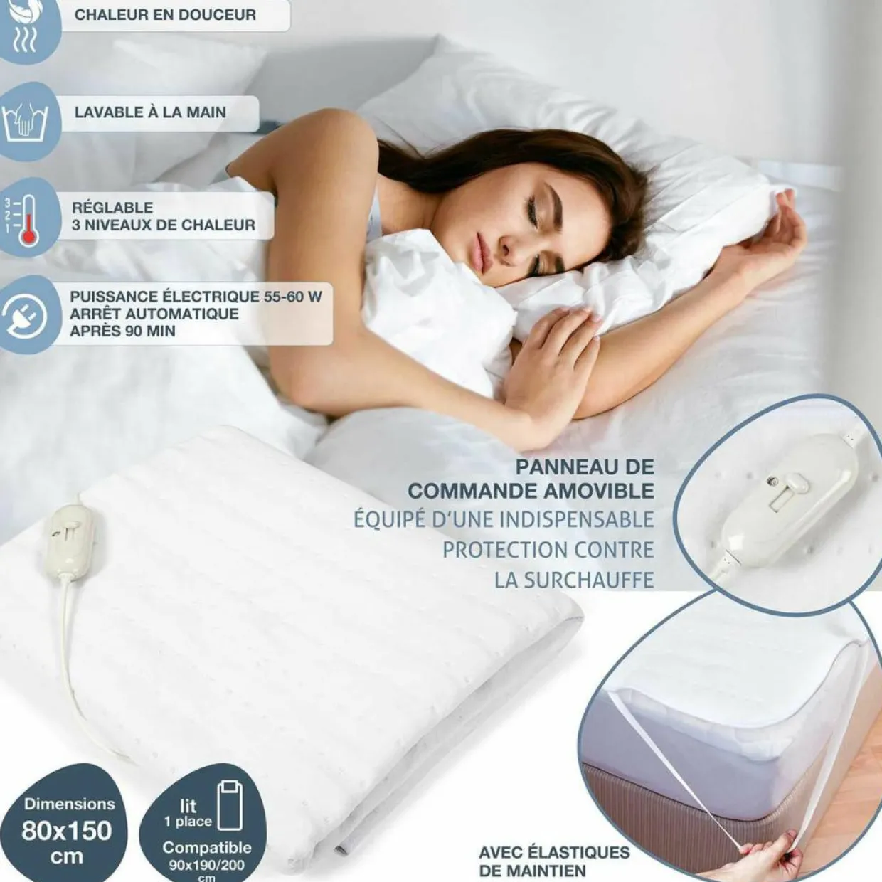 Surmatelas chauffant blanc - 150x80 cm-Sensly Discount