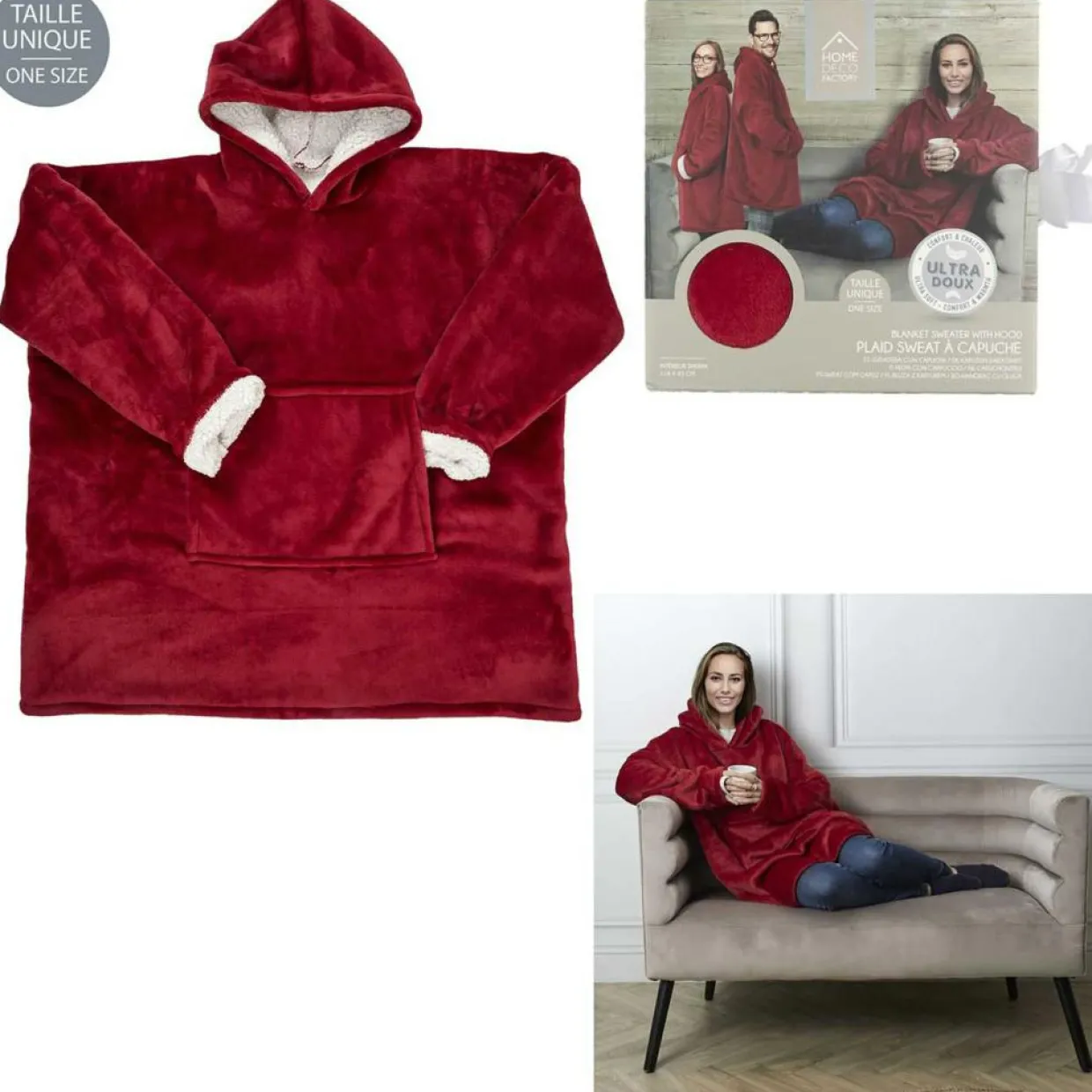 Sweat à Capuche Interieur Sherpa rouge - 118x85x2 cm-Home Deco Factory New