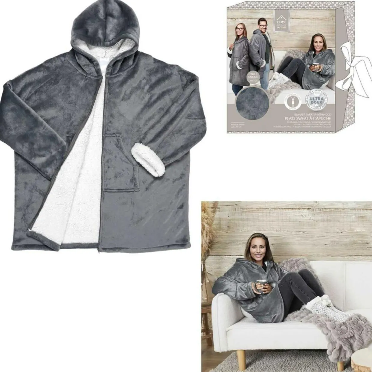 Home Deco Factory Plaids^Sweat plaid zippé à capuche intérieur Sherpa gris