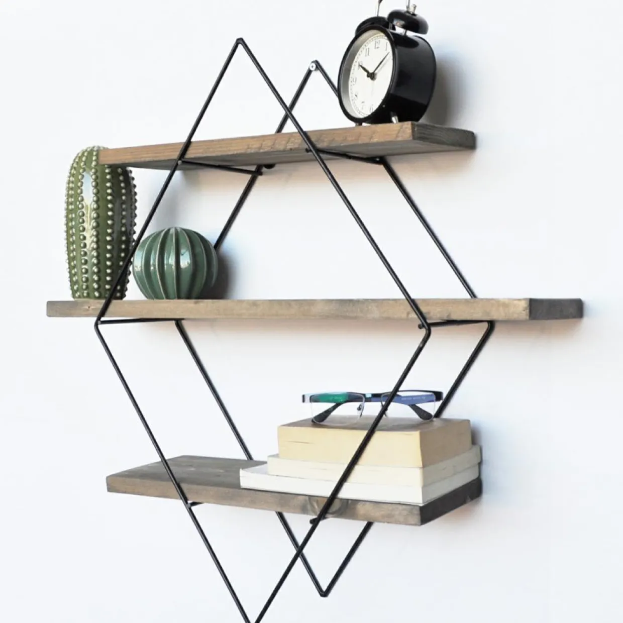Étagère 3 étages losange noyer/noir - 62x42x15 cm-Wooden Art Outlet