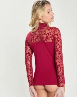 Top en micromodal dentelle manches longues rouge-Mare