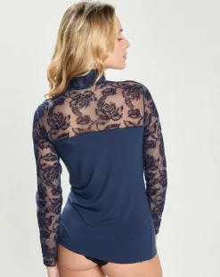Top en micromodal dentelle manches longues bleu marine-Mare