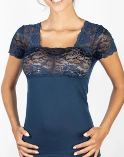 Femme Mare Tops Et Blouses^Top manches courtes en Laine mélangée dentelle bleu marine
