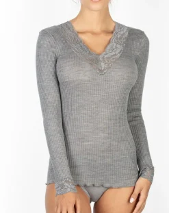 Top manches longues Col V dentelle laine plissée argenté-Mare Discount