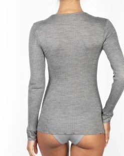 Top manches longues Col V dentelle laine plissée argenté-Mare Discount