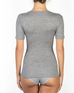 Top sans manches Col V dentelle laine plissée gris-Mare New