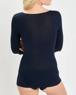 T-Shirt manches 3/4 col rond bleu marine-Mare Online