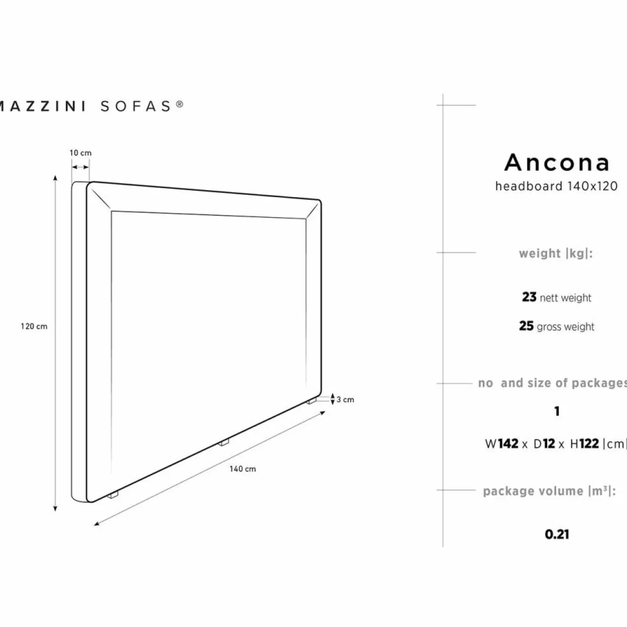 Mazzini Sofas Têtes De Lit^Tête de lit Ancona gris foncé - 180x120 cm