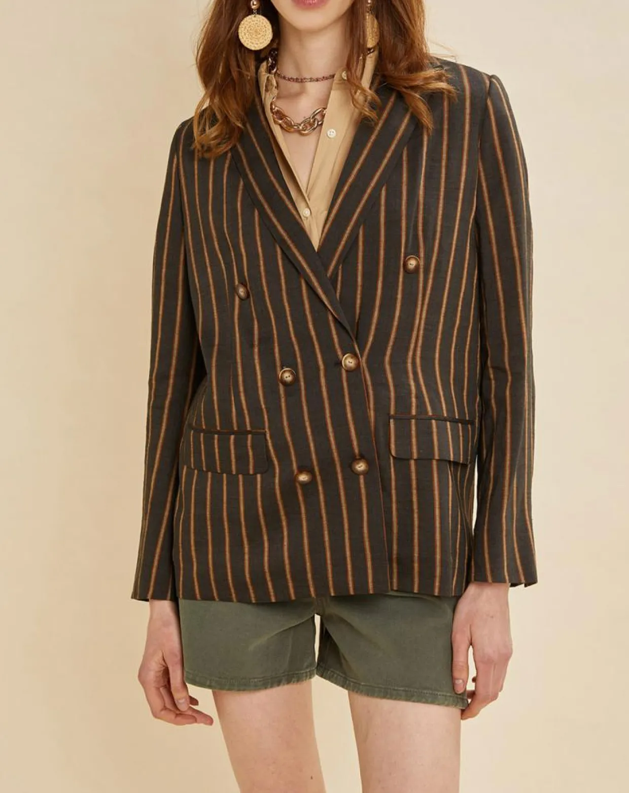 Veste blazer en Lin mélangé Valeria rayée kaki-Chloé Stora Outlet
