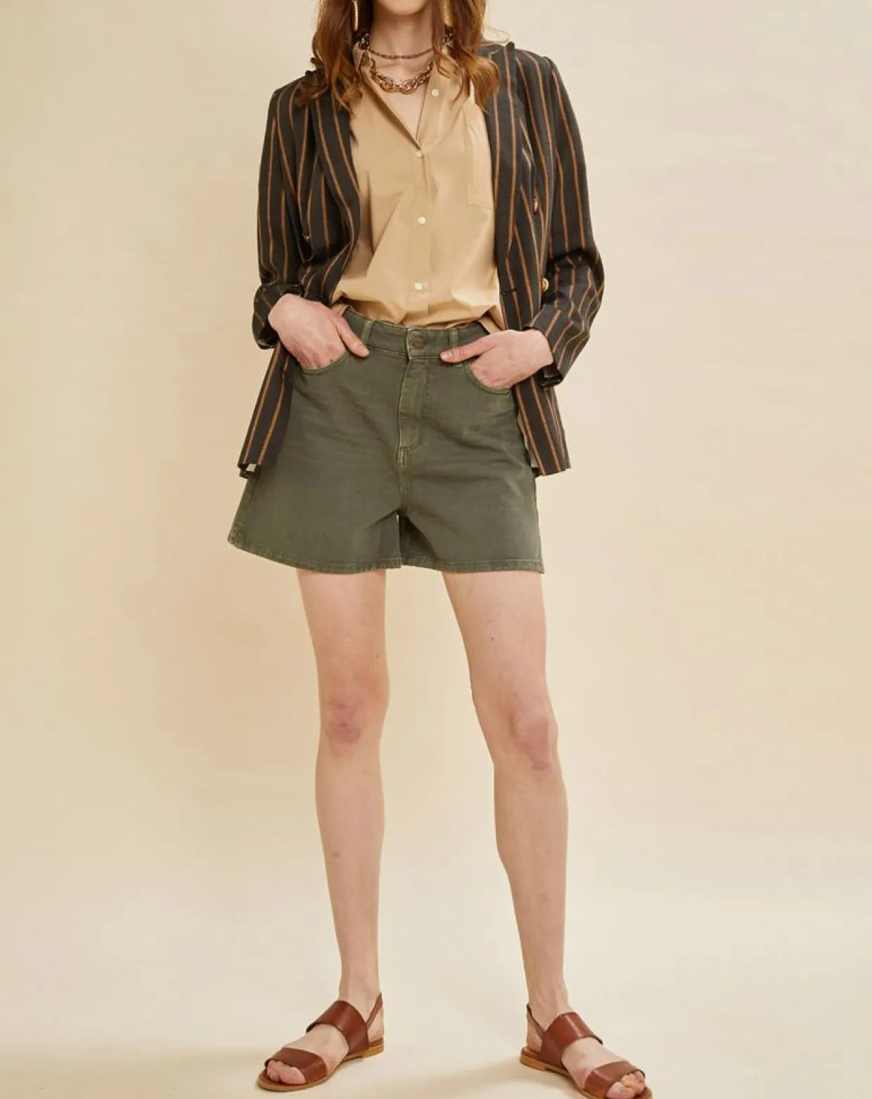 Veste blazer en Lin mélangé Valeria rayée kaki-Chloé Stora Outlet