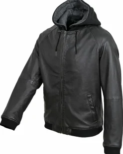 Homme Blue Wellford Vestes, Blousons^Veste en Cuir à capuche Bruz noire