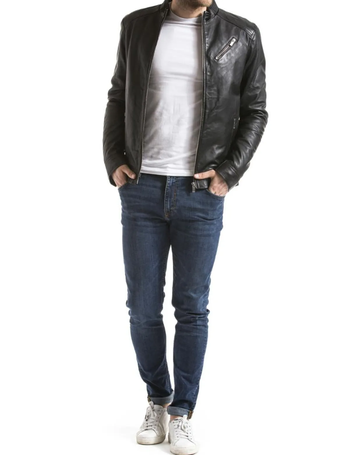 Veste en Cuir Mino noire-Blue Wellford New