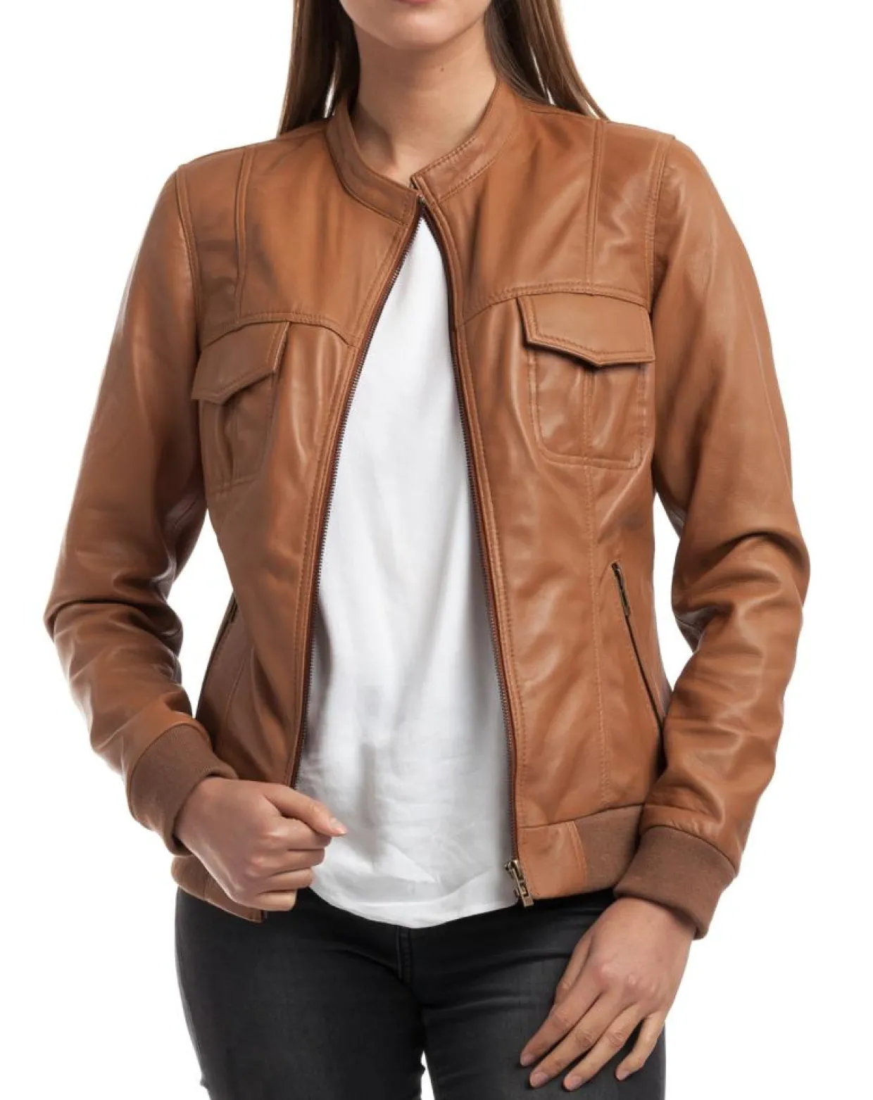 Veste en Cuir Olive cognac-Chyston