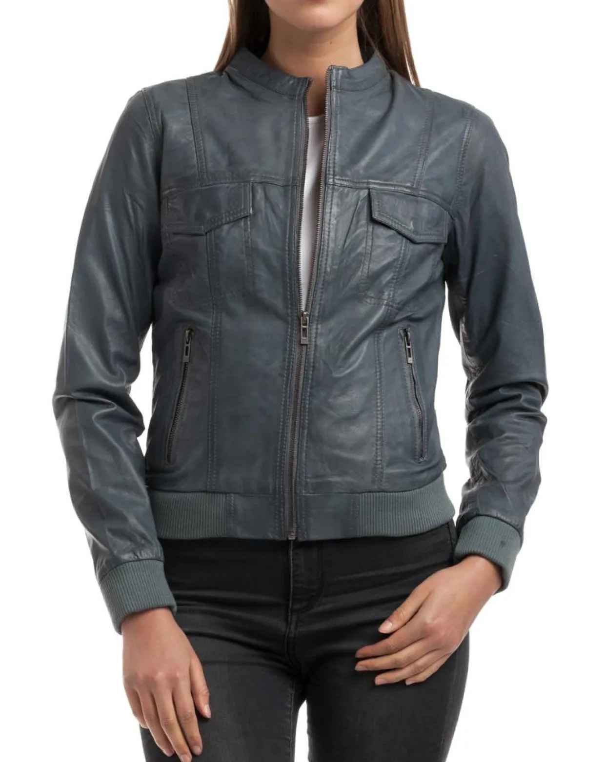 Veste en Cuir Olive grise-Chyston Discount