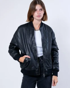 Veste en Cuir Oversize Cassylia noire-Blue Wellford
